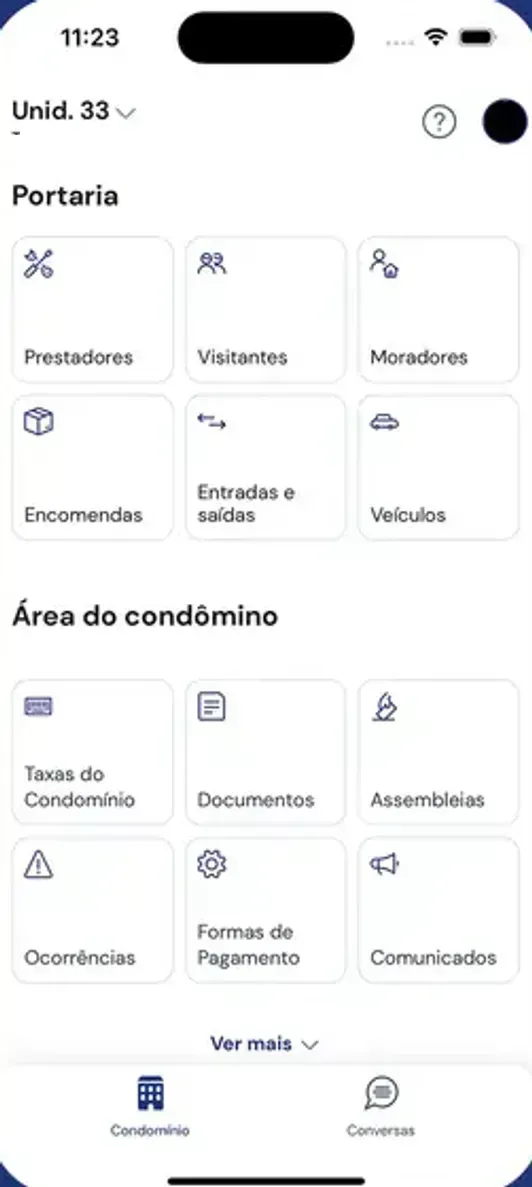 Tela inicial do aplicativo Semog, com atalhos para Portaria e Área do condômino