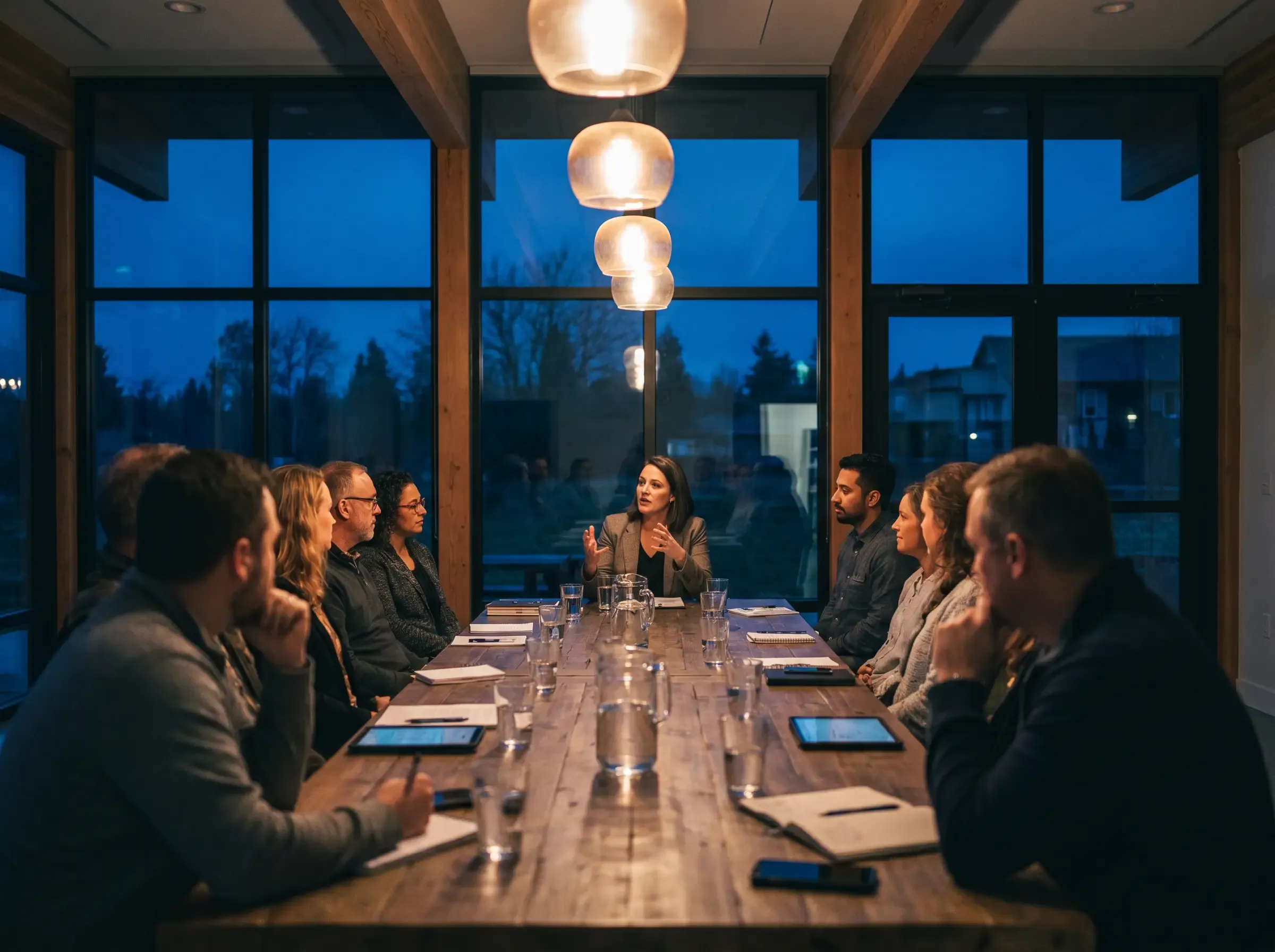 Reunião de associação de moradores ao entardecer