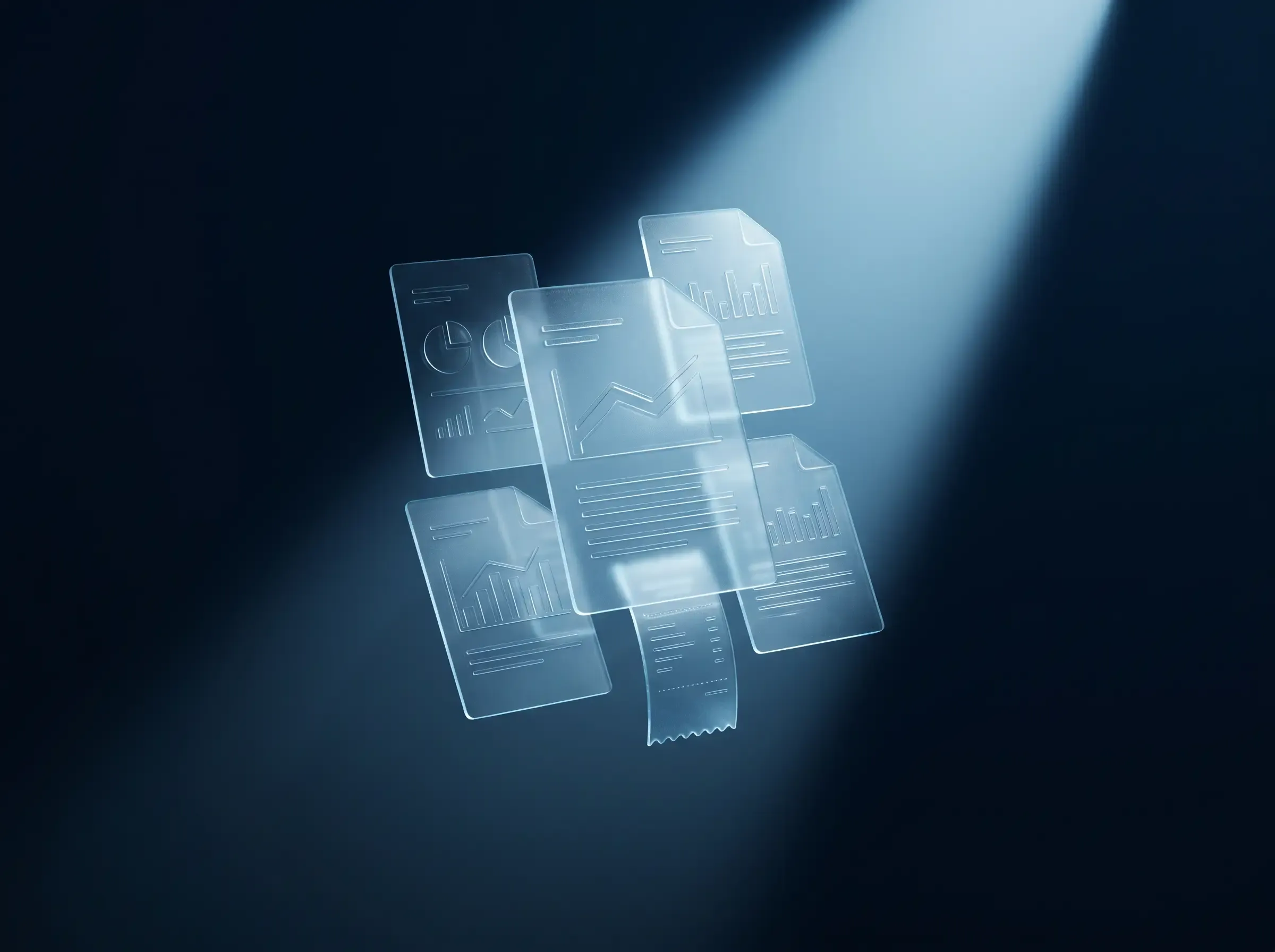 Documentos de vidro flutuando em um feixe de luz azul